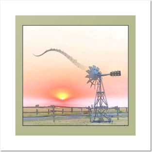 Farm Scene at Sunset with Windmill Playing Guitar Posters and Art